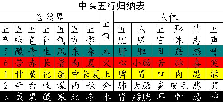 中医五行归纳表